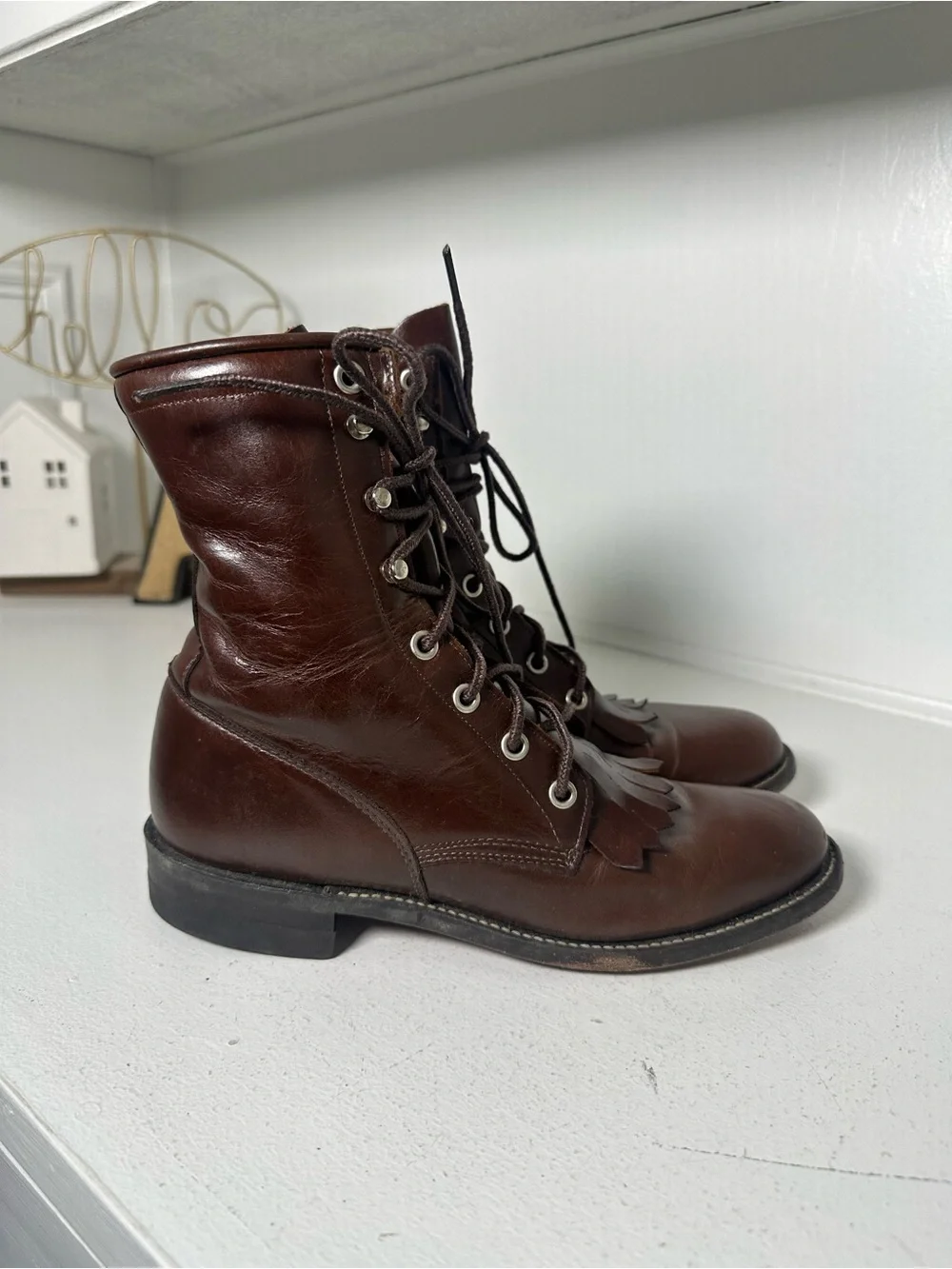 Vintage Justin Lace Up Kiltie Boots Women's 6B Made in USA Brown Leather Roper - Picture 4 of 8